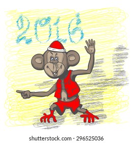 The monkey dressed as Santa Claus, directed for entertainment. In the background of the text "2016". Figure stroke.