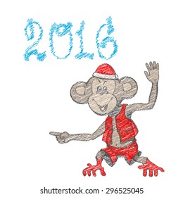 The monkey dressed as Santa Claus, directed for entertainment. In the background of the text "2016". Figure stroke.