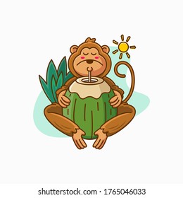 Monkey drinking coconut cute illustration