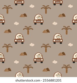 Monkey drive car cartoon so cute. On tree mountain cloud brown background. Pattern seamless vector illustration. 