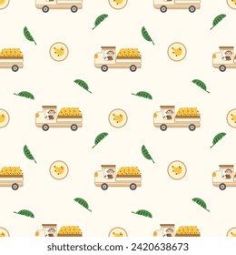 Monkey drive truck banana cartoon so cute. On banana leaf background. Pattern seamless vector illustration. 
