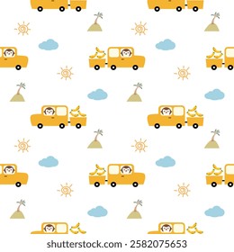 Monkey drive truck banana cartoon so cute. On cloud tree sun white background. Pattern seamless vector illustration. 
