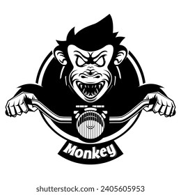 monkey driving motorcycle in cartoon illustration, design for logo in black and white vector