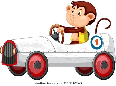 A monkey driving race car on white background illustration