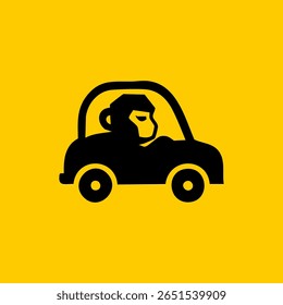 A monkey driving a simple black silhouette car on a yellow background