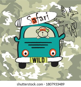 monkey driving a surfer car vector illustration