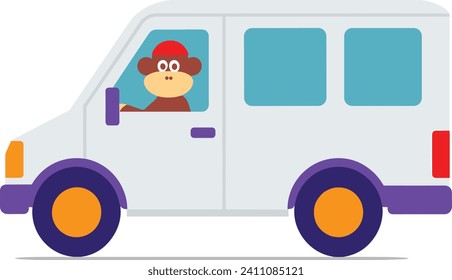 A monkey is driving a white van in this colorful vector illustration.