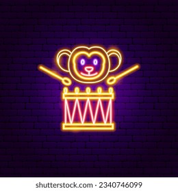 Monkey Drum Neon Sign. Vector Illustration of Entertainment Festival Glowing Symbol.