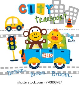 monkey and duck on the bus funny cartoon,vector illustration