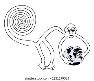 Monkey with the Earth in hands - paraphrase of the famous geoglyph of the Monkey from Nazca, Nazca lines, Peru