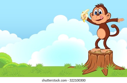 Monkey eat banana cartoon in a garden for your design