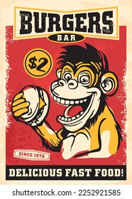 Monkey eat hamburger retro poster illustration for fast food restaurant. Anthropomorphic animal cartoon or comic style vector drawing. Funny humorous character. 