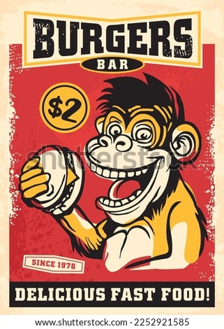 Monkey eat hamburger retro poster illustration for fast food restaurant. Anthropomorphic animal cartoon or comic style vector drawing. Funny humorous character. 