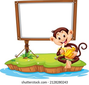 A monkey eating banana with blank board on white background illustration