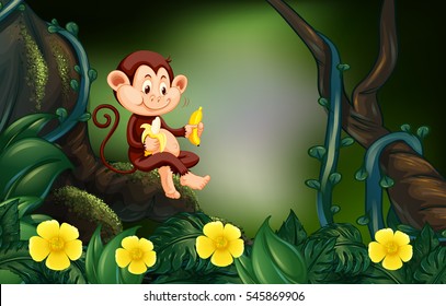Monkey eating banana in forest illustration