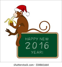 Monkey eating banana with a greeting tablet. Vector illustration