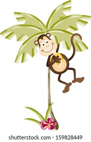 Monkey eating banana in palm tree