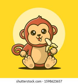 Monkey Eating Banana Vector Icon Illustration. Cute Monkey Cartoon Logo. Animal Icon Concept White Isolated. Flat Cartoon Style Suitable for Web Landing Page, Banner, Sticker, Background