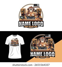 Monkey Electronics Repair Mascot. Funny Technician Logo with Tools and Speakers. Cartoon Monkey Fixing Audio Equipment. Repair Shop Logo Concept