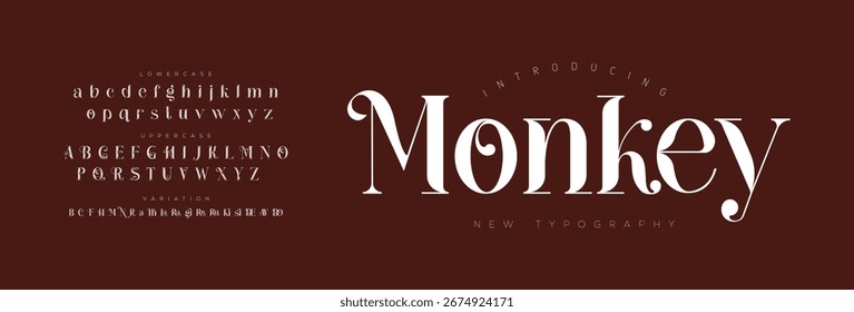Letra Elegante Monkey Maiúscula Minúscula e Número. Clássico Lettering minimal Fashion Designs. Tipografia modernas fontes serif conceito vintage decorativo regular. ilustração vetorial
