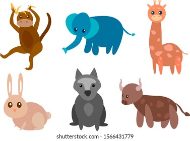 Monkey, elephant, giraffe, wolf, rabbit, cow.