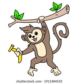 猿の絵文字 木の幹にバナナをぶら下げ かわいい落書き ベクターイラストアート のベクター画像素材 ロイヤリティフリー