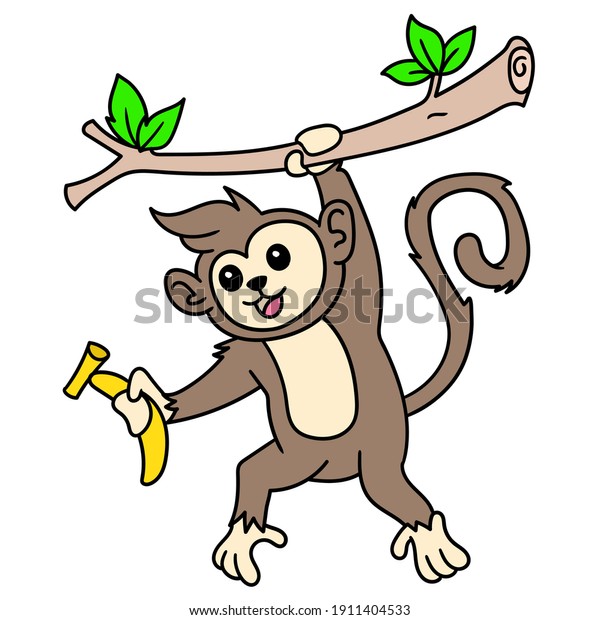 猿の絵文字 木の幹にバナナをぶら下げ かわいい落書き ベクターイラストアート のベクター画像素材 ロイヤリティフリー