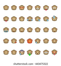 Monkey Emoticon Smiley Faces, Emoji Collection, Vector Illustration.