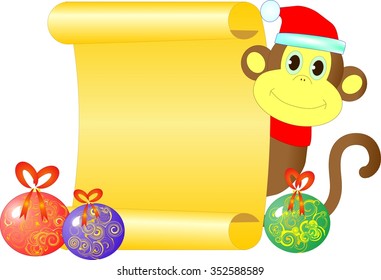 A monkey with an empty scroll, congratulation of happy new year