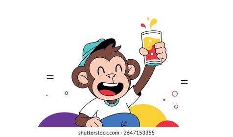 Monkey Enjoying Fruit Juice in a Cartoon Style