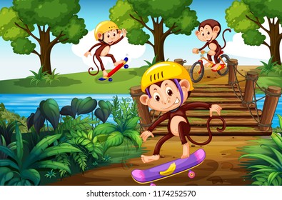 Monkey and extreme sport in the park illustration