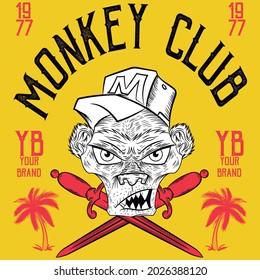 monkey face with cap on crossed swords,text and yellow background