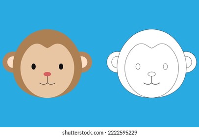 Monkey face cartoon character. Cute outline monkey animal face coloring book for kids. Vector illustration. Outline icon monkey head. Cartoon face logo.
