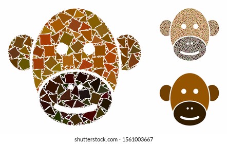 Monkey face composition of inequal elements in various sizes and color tints, based on monkey face icon. Vector abrupt elements are combined into collage.