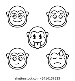 Monkey face with different expression vector illustration icon set.