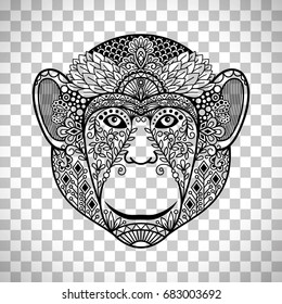 Monkey face with ethnic motifs. Hand drawn monkey head isolated on transparent background. Vector illustration