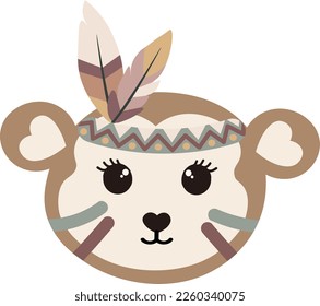 Monkey face with feather headband, poster for kids room, greeting cards, kids and baby clothes. Isolated vector.
