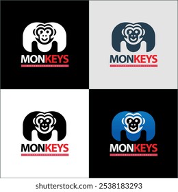 monkey face funny cute gaming joypad letter m initial silhouette logo illustration set template design