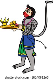 Monkey face the god of power lord Hanuman and his servants or sevak as they are called. in Indian folk art Kalamkari style. for textile printing, logo, wallpaper