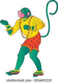 Monkey face god of power lord Hanuman and his servants or Sevak as they are called. in Indian folk art Pinguli style. for textile printing, logo, wallpaper