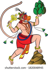Der Affen-Gesichtsgott der Macht, Herr Hanuman, im indischen Volkskunst-Pinguli-Stil gezeichnet. für den Stoffdruck, Logo, Tapete