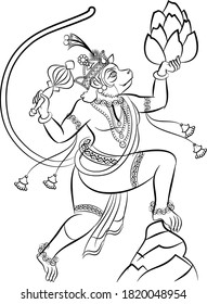 Monkey face god of power, lord Hanuman, Drawn in Indian folk art Pinguli style. for textile printing, logo, wallpaper
