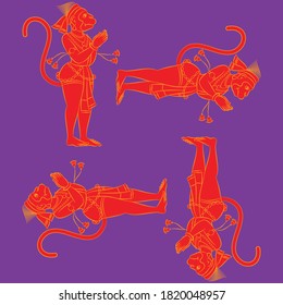 Monkey face god of power, lord Hanuman, Drawn in Indian folk art Pinguli style. for textile printing, logo, wallpaper