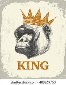 Monkey Face With King Inscription Hand drawn Vector illustration.