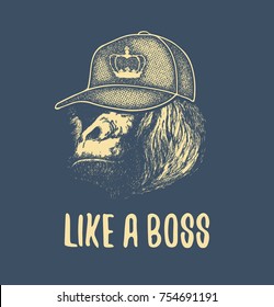 Monkey Face With Like A Boss Inscription Hand drawn T-shirt design Vector illustration.