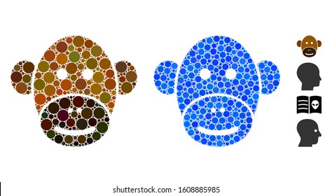 Monkey face mosaic of spheric dots in various sizes and color tinges, based on monkey face icon. Vector round elements are grouped into blue mosaic. Dotted monkey face icon in usual and blue versions.