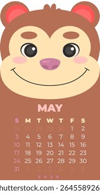 Monkey face on a calendar for May. The calendar is for the year 2026. Vector illustration in a flat style