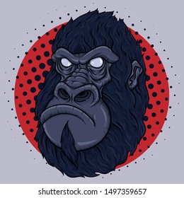 Monkey face poster. Vector illustration of gorilla head on gray background with red circle and halftone.