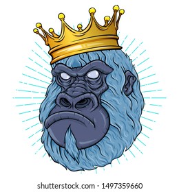Monkey face poster. Vector illustration of gorilla head with crown on white background with star rays.