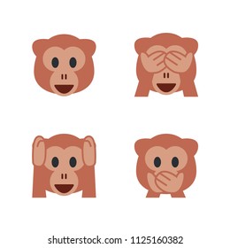 Monkey Face, See-No-Evil Monkey, Hear-No-Evil Monkey, Speak-No-Evil Monkey. Vector illustration smiley emojis, emoticons symbols, icons, faces set, collection.